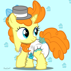 Size: 2000x2000 | Tagged: safe, artist:thunderdasher07, pumpkin cake, pony, unicorn, g4, abstract background, baby, baby new year, chest fluff, cute, diaper, ear fluff, female, filly, fluffy, hat, high res, hoof fluff, new year, poofy diaper, pumpkinbetes, sash, solo, tail, tail hole, top hat