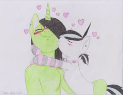 Size: 3303x2550 | Tagged: safe, artist:subimaru_kai, oc, oc:snowy, oc:virgil green, blushing, clothes, collar, colt, foal, heart, high res, kissing, male, socks, stallion, striped socks, traditional art