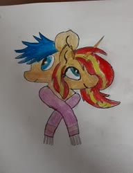 Size: 909x1184 | Tagged: safe, artist:arbuzozozila, flash sentry, sunset shimmer, g4, clothes, female, male, scarf, shared clothing, shared scarf, ship:flashimmer, shipping, straight, traditional art