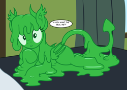 Size: 3460x2441 | Tagged: safe, artist:badumsquish, derpibooru exclusive, oc, oc only, bat pony, goo, goo pony, original species, pony, succublob, succubus, alternate eye color, bat wings, bed, bedroom eyes, curtains, devil tail, dialogue, ear fluff, female, flirting, folded wings, high res, horns, melting, missing cutie mark, one eye closed, shapeshifting, slime, smiling, smirk, solo, surprised, talking to viewer, true form, wide eyes, window, wings, wink