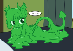 Size: 3460x2441 | Tagged: safe, artist:badumsquish, derpibooru exclusive, oc, oc only, bat pony, goo, goo pony, original species, pony, succublob, succubus, alternate eye color, bashful, bat wings, bed, bedroom eyes, curtains, devil tail, dialogue, ear fluff, female, flirting, folded wings, high res, horns, looking away, melting, missing cutie mark, one eye closed, shapeshifting, slime, smiling, smirk, solo, talking to viewer, true form, wide eyes, window, wings, wink