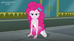 Size: 8000x4500 | Tagged: safe, artist:metalhead97, pinkie pie, equestria girls, equestria girls series, g4, all fours, bedroom eyes, clothes, commission, cutie mark on clothes, female, looking at you, public, rah rah skirt, sexy, show accurate, skirt, sleeveless, smiling, smiling at you, solo, stupid sexy pinkie, teenager