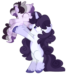 Size: 2112x2308 | Tagged: safe, artist:journeewaters, oc, oc only, oc:lavender lust, oc:rockelle, pony, unicorn, female, filly, high res, holding a pony, mare, offspring, parent:twilight sparkle, parents:canon x oc, simple background, transparent background