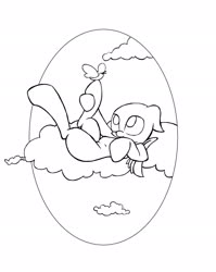 Size: 1632x2048 | Tagged: safe, artist:lucas_gaxiola, bird, cloud, lineart, looking up, monochrome, on a cloud, on back, raised leg, simple background, white background