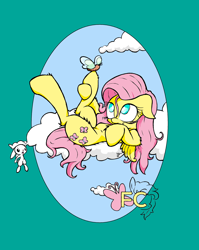 Size: 2550x3200 | Tagged: safe, alternate version, artist:lucas_gaxiola, angel bunny, fluttershy, bird, butterfly, pegasus, pony, rabbit, g4, animal, cloud, colored, female, high res, looking up, mare, on a cloud, on back, raised leg, text