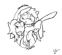 Size: 1584x1412 | Tagged: safe, artist:lucas_gaxiola, oc, oc:charmed clover, anthro, unguligrade anthro, armpits, bridal carry, carrying, female, lineart, looking at each other, male, monochrome, oc x oc, shipping, signature, smiling, straight, text