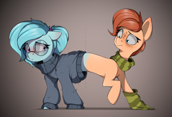 Size: 2785x1906 | Tagged: safe, artist:rexyseven, oc, oc only, oc:rusty gears, oc:whispy slippers, earth pony, pony, clothes, female, fusion, glasses, mare, pushmi-pullyu, scarf, socks, striped socks, sweater