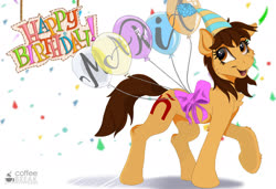 Size: 1400x960 | Tagged: safe, oc, oc only, oc:maría teresa de los ponyos paguetti, earth pony, pony, balloon, birthday, bow, cake, female, food, hat, mare, party hat, simple background, smiling, solo, walking