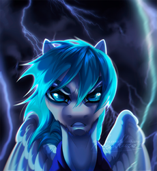 Size: 743x807 | Tagged: source needed, useless source url, safe, artist:dolorosacake, oc, oc only, oc:sky fang, pegasus, pony, angry, commission, community related, lightning, solo, storm