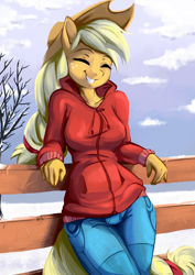 Size: 1414x2000 | Tagged: safe, artist:fidzfox, edit, applejack, earth pony, anthro, g4, breasts, busty applejack, clothes, cute, eyes closed, female, fence, grin, hoodie, jackabetes, mare, smiling, snow