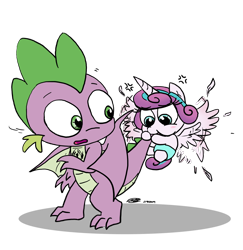 Size: 2550x2627 | Tagged: safe, artist:loreto-arts, princess flurry heart, spike, alicorn, dragon, pony, g4, baby, biting, diaper, female, filly, foal, high res, male, nom, simple background, tail bite, transparent background, winged spike, wings