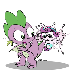 Size: 2550x2627 | Tagged: safe, artist:loreto-arts, princess flurry heart, spike, alicorn, dragon, pony, g4, baby, biting, cute, diaper, female, filly, flurrybetes, foal, high res, male, nom, simple background, spikabetes, tail bite, transparent background, uncle spike, winged spike, wings