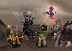 Size: 2134x1499 | Tagged: safe, artist:vincher, alicorn, earth pony, pegasus, pony, unicorn, fallout equestria, hazmat suit, knife, laser musket, ripper (weapon)