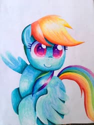 Size: 3072x4095 | Tagged: safe, artist:andromedasparkz, rainbow dash, pegasus, pony, g4, female, flying, looking at you, mare, simple background, smiling, solo, traditional art, white background