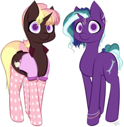 Size: 2635x2713 | Tagged: safe, artist:those kids in the corner, oc, oc only, oc:spark, oc:sweet tart, pony, unicorn, bracelet, clothes, duo, ear piercing, earring, female, happy, high res, horn, horn ring, jacket, jewelry, looking at you, mare, piercing, polka dots, ponytail, siblings, simple background, sisters, smiling, socks, transparent background