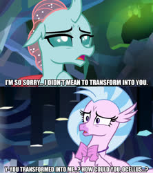 Size: 1280x1440 | Tagged: safe, edit, edited screencap, screencap, ocellus, silverstream, changeling, hippogriff, g4, what lies beneath, caption, dialogue, female, image macro, meme, text, worried