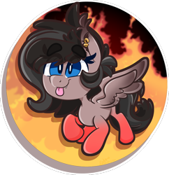 Size: 1456x1504 | Tagged: safe, artist:binkyt11, derpibooru exclusive, oc, oc only, oc:fire attack, bat pony, pegasus, pony, :p, chibi, circle background, cute, cute little fangs, ear fluff, ear piercing, earring, fangs, fire, jewelry, piercing, simple background, solo, tongue out, transparent background