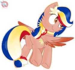 Size: 1638x1527 | Tagged: safe, artist:rainbow eevee, oc, oc only, oc:pearl shine, pegasus, pony, beautiful, butt, cheek fluff, colored wings, cute, female, flower, flower in hair, gradient wings, nation ponies, ocbetes, philippines, plot, ponified, simple background, smiling, smirk, solo, spread wings, transparent background, underhoof, wings