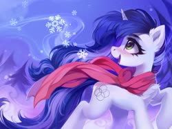 Size: 3000x2250 | Tagged: safe, artist:share dast, oc, oc only, oc:muffinkarton, pony, unicorn, abstract background, blushing, chest fluff, clothes, commission, commissioner:caaabra, ear fluff, female, high res, looking back, mare, scarf, snow, solo