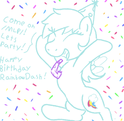 Size: 996x967 | Tagged: safe, artist:notawriteranon, rainbow dash, pegasus, pony, g4, /mlp/, birthday, confetti, female, hat, lineart, mare, party hat, party horn, rainbow dash day, rainbow dash's birthday, simple background, white background