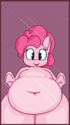 Size: 2160x3840 | Tagged: safe, artist:andesblorps, pinkie pie, earth pony, semi-anthro, g4, against glass, arm hooves, belly, belly button, big belly, bipedal, cute, fat, female, glass, high res, looking at you, obese, pudgy pie, smiling, solo, thighs, thunder thighs, underhoof, wide hips