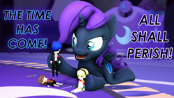 Size: 1920x1080 | Tagged: safe, artist:pika-robo, oc, oc:nyx, alicorn, pony, 3d, aigis, amada ken, crossover, doll, female, filly, minato arisato, nyx avatar, persona, persona 3, playing, source filmmaker, spoilers for another series, text, toy, video game reference
