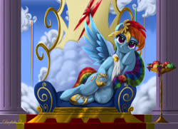 Size: 4500x3250 | Tagged: safe, artist:darksly, rainbow dash, pegasus, pony, semi-anthro, g4, apple, arm hooves, beautiful, clothes, cloud, crown, draw me like one of your french girls, dress, female, food, grapes, greek, greek clothes, greek mythology, green apple, hoof on cheek, hoof shoes, jewelry, looking at you, lounging, orange, queen, rainbow waterfall, regalia, solo, spread wings, throne, wings