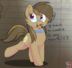 Size: 1699x1598 | Tagged: safe, artist:rainbow eevee, oc, oc only, oc:dawnsong, earth pony, pony, captain obvious, cookie, cute, daaaaaaaaaaaw, dialogue, female, food, glasses, happy, heart, hnnng, lined paper, looking at you, mare, mouth hold, photo, purple eyes, rainbow eevee is trying to murder us, smiling, smiling at you, solo, truth