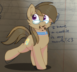 Size: 566x533 | Tagged: safe, artist:rainbow eevee, oc, oc only, oc:dawnsong, earth pony, pony, animated, captain obvious, cookie, cute, daaaaaaaaaaaw, dialogue, eye shimmer, female, food, gif, glasses, happy, hnnng, lined paper, looking at you, mare, purple eyes, rainbow eevee is trying to murder us, smiling, smiling at you, solo, truth