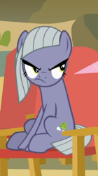 Size: 360x644 | Tagged: safe, screencap, limestone pie, earth pony, pony, g4, rock solid friendship, angry, cropped, female, limestone pie is not amused, mare, sitting, solo