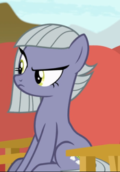 Size: 602x860 | Tagged: safe, screencap, limestone pie, earth pony, pony, g4, rock solid friendship, chair, cropped, female, mare, raised eyebrow, sitting, solo