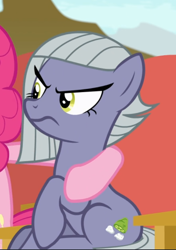 Size: 572x811 | Tagged: safe, screencap, limestone pie, pinkie pie, earth pony, pony, g4, rock solid friendship, angry, chair, cropped, female, mare, offscreen character, sitting, solo focus
