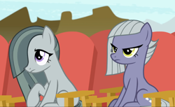 Size: 1468x896 | Tagged: safe, screencap, limestone pie, marble pie, earth pony, pony, g4, rock solid friendship, chair, cropped, duo, female, mare, sitting