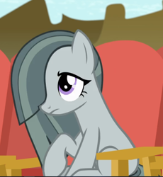 Size: 756x821 | Tagged: safe, screencap, marble pie, earth pony, pony, g4, rock solid friendship, chair, cropped, cute, female, marblebetes, mare, raised hoof, sitting, solo