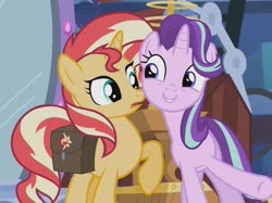 Size: 964x720 | Tagged: safe, artist:memengla, screencap, starlight glimmer, sunset shimmer, pony, unicorn, equestria girls, equestria girls specials, g4, my little pony equestria girls: mirror magic, bag, cropped, cute, duo, female, glimmerbetes, looking at each other, mare, open mouth, raised hoof, saddle bag, smiling, underhoof