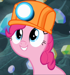 Size: 880x939 | Tagged: safe, screencap, pinkie pie, earth pony, pony, g4, rock solid friendship, cropped, cute, diapinkes, female, helmet, mare, mining helmet, solo