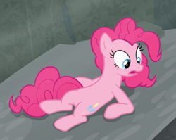 Size: 879x698 | Tagged: safe, screencap, pinkie pie, earth pony, pony, g4, rock solid friendship, belly, cropped, female, lying down, mare, open mouth, solo