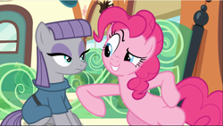 Size: 1667x942 | Tagged: safe, screencap, maud pie, pinkie pie, earth pony, pony, g4, rock solid friendship, cropped, duo, female, looking at each other, mare, nudge, pie sisters, raised eyebrow, raised hoof, siblings, sisters, sitting, train