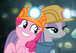 Size: 1340x938 | Tagged: safe, screencap, maud pie, pinkie pie, earth pony, pony, g4, rock solid friendship, cropped, cute, diapinkes, duo, female, helmet, mare, mining helmet, smiling