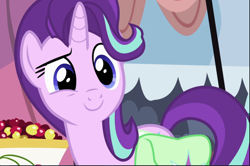 Size: 1412x940 | Tagged: safe, screencap, starlight glimmer, pony, unicorn, g4, rock solid friendship, bag, cropped, female, mare, saddle bag, smiling, solo