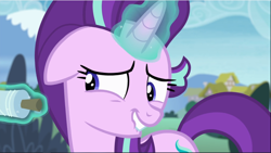 Size: 1668x942 | Tagged: safe, screencap, starlight glimmer, pony, unicorn, g4, rock solid friendship, cropped, female, floppy ears, glowing horn, horn, lip bite, magic, mare, nervous, solo, telekinesis