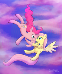 Size: 1000x1200 | Tagged: safe, artist:empyu, fluttershy, pinkie pie, earth pony, pegasus, pony, g4, duo, falling, female, lesbian, ship:flutterpie, shipping