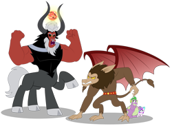 Size: 1045x764 | Tagged: safe, artist:aleximusprime, lord tirek, princess flurry heart, scorpan, spike, alicorn, centaur, dragon, gargoyle, pony, flurry heart's story, g4, adult, adult spike, bat wings, brothers, cloven hooves, facial hair, fat spike, fight, filly, filly flurry heart, flexing, goatee, gritted teeth, hiding, horns, magic, male, older, older spike, protecting, siblings, simple background, tirek vs scorpan, tirek's revenge, transparent background, vector, winged spike, wings