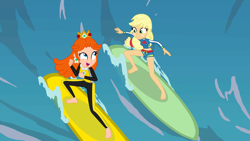 Size: 3498x1967 | Tagged: safe, artist:doraair, artist:user15432, applejack, human, blue crushed, equestria girls, equestria girls series, g4, surf and/or turf, apple daisy, barefoot, barely eqg related, base used, clothes, crossover, crown, duo, ear piercing, earring, equestria girls style, equestria girls-ified, feet, grin, jewelry, looking at each other, mario & sonic, mario & sonic at the olympic games, mario & sonic at the olympic games tokyo 2020, mario and sonic, mario and sonic at the olympic games, nintendo, open mouth, piercing, princess daisy, regalia, smiling, super mario bros., surfboard, surfer, surfing, swimsuit, wave, wetsuit
