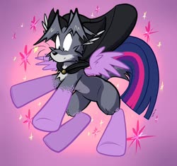 Size: 900x847 | Tagged: safe, artist:virmir, twilight sparkle, oc, oc:virmir, alicorn, fox, pony, g4, abstract background, cape, clothes, gradient background, male to female, rule 63, sparkles, transformation, transgender transformation, twi-fox, twilight sparkle (alicorn)