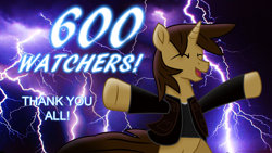 Size: 3840x2160 | Tagged: safe, artist:ejlightning007arts, oc, oc:ej, pony, unicorn, arms in the air, celebration, clothes, deviantart, eyes closed, high res, lightning, open mouth, shirt, solo, sweater, thank you, vest, wallpaper