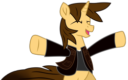 Size: 9768x6188 | Tagged: safe, artist:ejlightning007arts, oc, oc:ej, pony, unicorn, arms in the air, celebration, clothes, eyes closed, male, open mouth, shirt, simple background, solo, stallion, sweater, transparent background, vector, vest