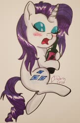 Size: 2534x3882 | Tagged: safe, artist:iffoundreturntorarity, rarity, pony, unicorn, g4, alcohol, blushing, drunk, drunk rarity, eyeshadow, high res, makeup, messy mane, simple background, sleeping, traditional art, wine, wine bottle