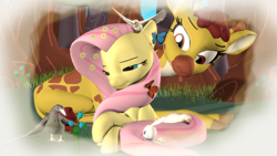 Size: 1920x1080 | Tagged: safe, artist:quillomanar, angel bunny, clementine, fluttershy, bird, butterfly, giraffe, pegasus, pony, g4, 3d, complex background, februpony, flower, flower in hair, half-lidded eyes, happy, nature, outdoors, sleepy, smiling, source filmmaker