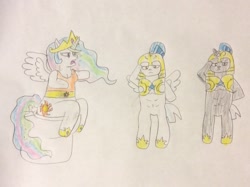 Size: 1280x956 | Tagged: safe, artist:snipiper, princess celestia, alicorn, pegasus, pony, unicorn, g4, but why, female, guard, implied pooping, male, mare, sitting on toilet, stallion, toilet, traditional art